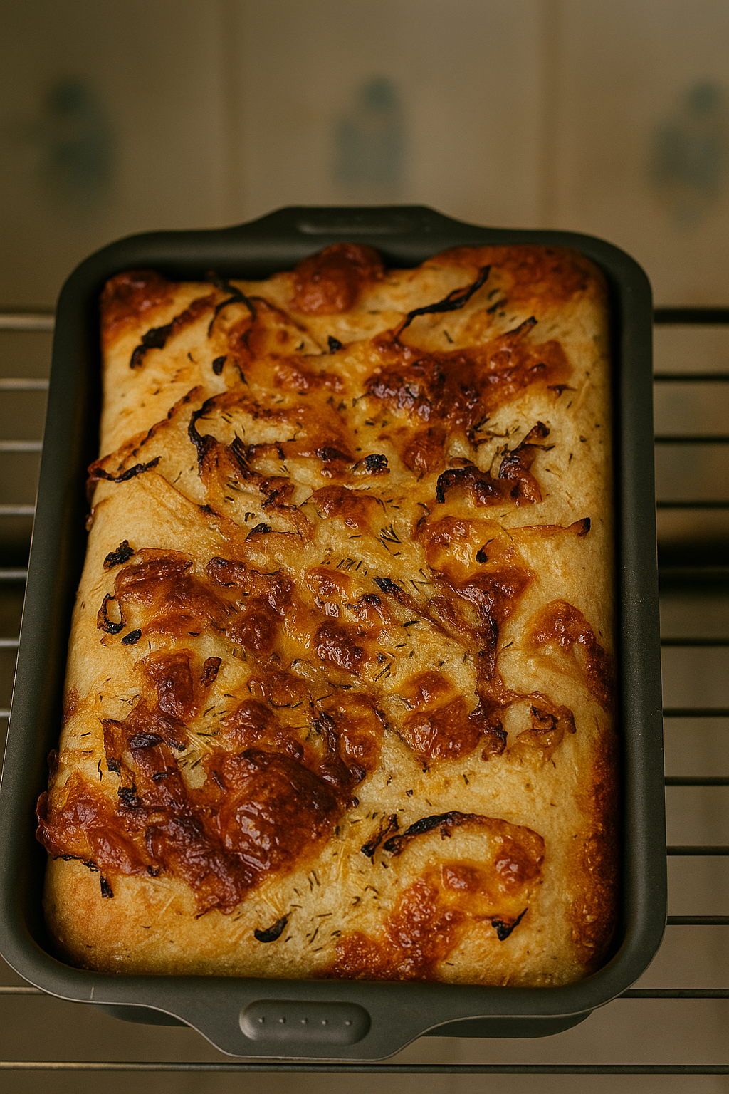 Focaccia de cebola refogada com tomilho e queijo